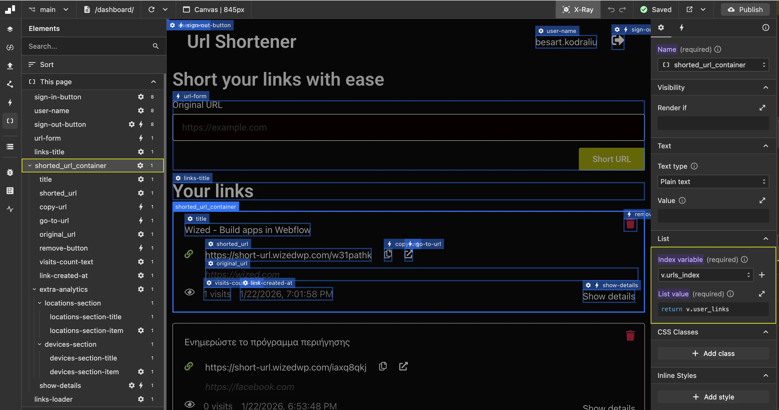 Render list example for shorted url