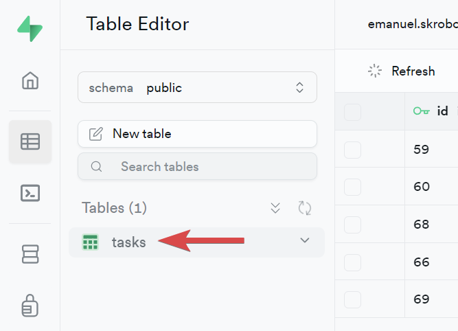 The table name in the Supabase dashboard