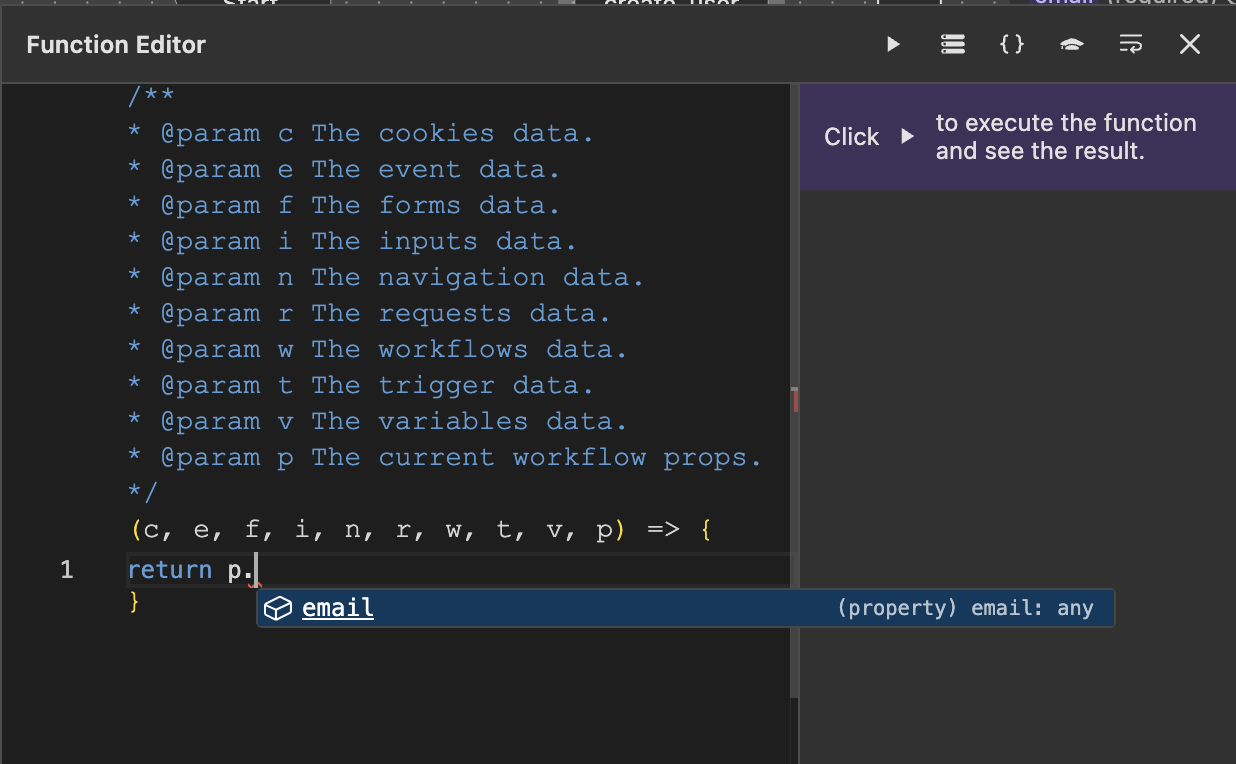Workflow props in function editor